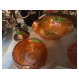Marigold Iridescent Glass Bowls with Grape Motif