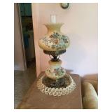 Floral Pattern Hurricane Table Lamp with Brass Base