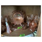 Assorted Pink Glassware Collection Including Bowls, Stemware, and Salt Shakers