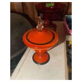 Orange Glass Lidded Compote with Black Trim