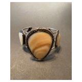 Sterling Silver Cuff Bracelet with Banded Agate and Mother of Pearl