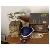 Collection of Household Collectibles Including Lucky Savings Bank, Boye Needle Display, and Rotary Telephone