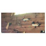 Assorted Home Decor Collection Including Wall Sconces, Wooden Duck Decoys, and Wall Sign