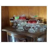Collection of Ruby Red and Clear Glassware with Lidded Dishes and Pedestal Bowls