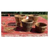 Collection of Four Wooden Bushel Baskets and One Wire Basket