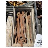 Assorted Metal Wrenches and Hand Tools in Storage Bin