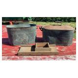 Collection of Two Metal Wash Tubs and One Wooden Vegetable Slicer