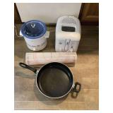 Assorted Kitchen Appliance and Cookware Lot including Rival Crock-Pot, Deep Fryer, Skillet, and Pastry Mat