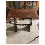 Wooden Accent Table with Inlaid Scroll Details and Trestle Base