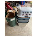 Assorted Plastic Storage Bins, Laundry Basket, and Green Trash Can