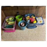 Mixed Lot of Household Items, Bins, Plush Toys, and Ceramic Dishes