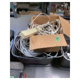 Assorted Hand Tools and Electrical Cords in Storage Totes