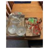 Assorted Glassware Collection Including Etched Comport, Pressed Glass Dishes, Red Floral Pitcher and Tumblers, and Green Juicer