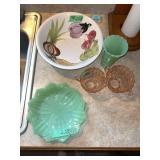 Assorted Glassware and Ceramic Dish Lot Including Jadeite Plates and Pink Pressed Glass