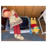 Mixed Lot with Rag Doll, Winnie the Pooh Rocker, Storage Tote, and Ephemera