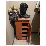 Lot 375: Orange Wooden Cabinet, Black Western Boots, and Duffel Bag