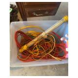 Shop Light and Extension Cords in Plastic Storage Bin