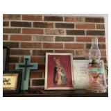 Assorted Framed Religious and Family Artwork Lot with Pink Glass Oil Lamp and Decor