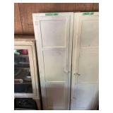 Tall Wooden Cabinet Lot with Contents Including Household Goods, Storage Tins, and Decor