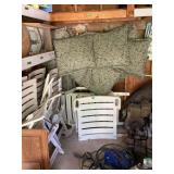 Lot of White Folding Lawn Chairs and Green Leaf Print Cushions