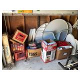 Assorted Garage and Storage Lot Including Table Tops, Heater, and Holiday Decor