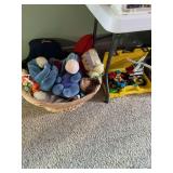 Mixed Toy Lot Including Dolls Plush Animals and Interlocking Building Blocks in Storage Case