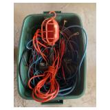 Assorted Lot of Electrical Cords, Drop Light, and Battery Chargers in Storage Bin