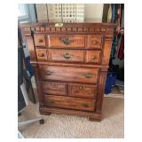 Wooden Bureau Dresser with Multiple Drawers and Brass Tone Hardware