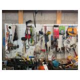 Assorted Workshop Tools and Supplies on Pegboard Lot