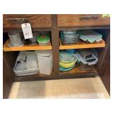 Assorted Kitchen Storage Containers, Glass Bakeware, and Utility Drawer Contents