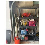 Assorted Garage Shelf Contents Including Electric Hedger, Storage Bins, and Hardware