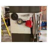 Assorted Workshop Tools and Equipment Lot with Pegboard Display