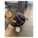 Metal Bucket Containing Assorted Hand Tools and Clamps