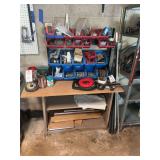 Shop Worktable with Wall-Mounted Storage Bins and Hardware Contents