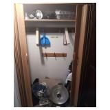 Closet Contents Lot with Fan, Heater, Lamps, and Cleaning Supplies