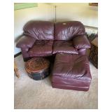 Burgundy Leather Living Room Set with Sofa, Ottoman, and Decorative Round Stool