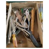 Mixed Hand Tool Lot Including Pliers, Screwdrivers, and Saw in Cardboard Box