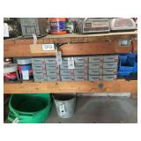 Metal Parts Cabinet with Drawers and Blue Plastic Storage Bins