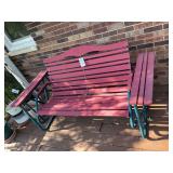 Red Wooden Slat Glider Bench with Attached Side Tables and Metal Frame
