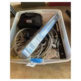 Storage Bin with Quinn Torque Wrench, Black and Decker Bag, and Assorted Hardware