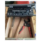 Assorted Hand Tool Lot with Socket Set, Skil Pliers, Hammer, and File