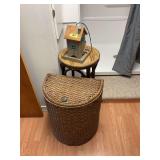 Assorted Household Group: Wicker Hamper, Wooden Birdhouse, and Cane-Top Accent Stool