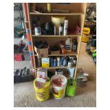 Assorted Shelf Contents with Paint, Stain, Solvents, and Hardware
