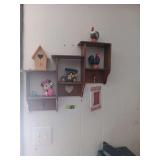 Wooden Wall Shelf with Cubbies and Various Decorative Items
