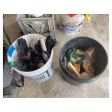 Lot of Two Buckets with Gardening Tools, Gloves, Twine, and Supplies