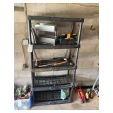 Four-Tier Plastic Utility Shelf with Assorted Hand Tools and Storage Bins