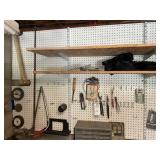 Assorted Workshop Tools and Pegboard Mount Hardware