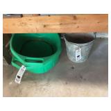 Green Plastic Fluid Drain Pan and Galvanized Metal Bucket Lot
