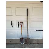 Two Long-Handled Metal Shovels with Wood and Composite Handles