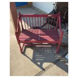 Red Painted Wooden Slat Bench with Spindle Back